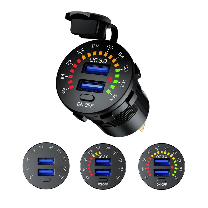 

QC 3.0 Dual USB Charger ON/Off Switch Colorful Voltmeter Waterproof 12V 36W USB Outlet for Car,Marine,Boat,RV,Truck,Golf Cart