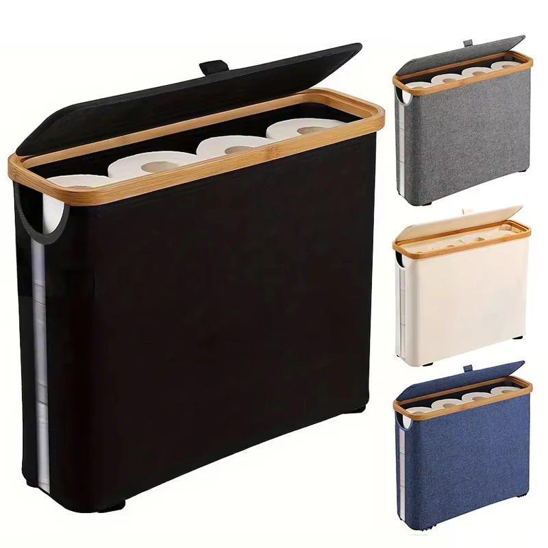 12Rolls Bamboo Toilet Paper Holder With Lid-Self-Contained Bathroom Organizer Basket with Handle for Tissues & Accessories view 2