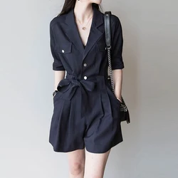 Summer Fashion Short Sleeve Jumpsuit Shorts Women Solid Color Pockets Patchwork Bow Button High Waist All-match Female Clothing