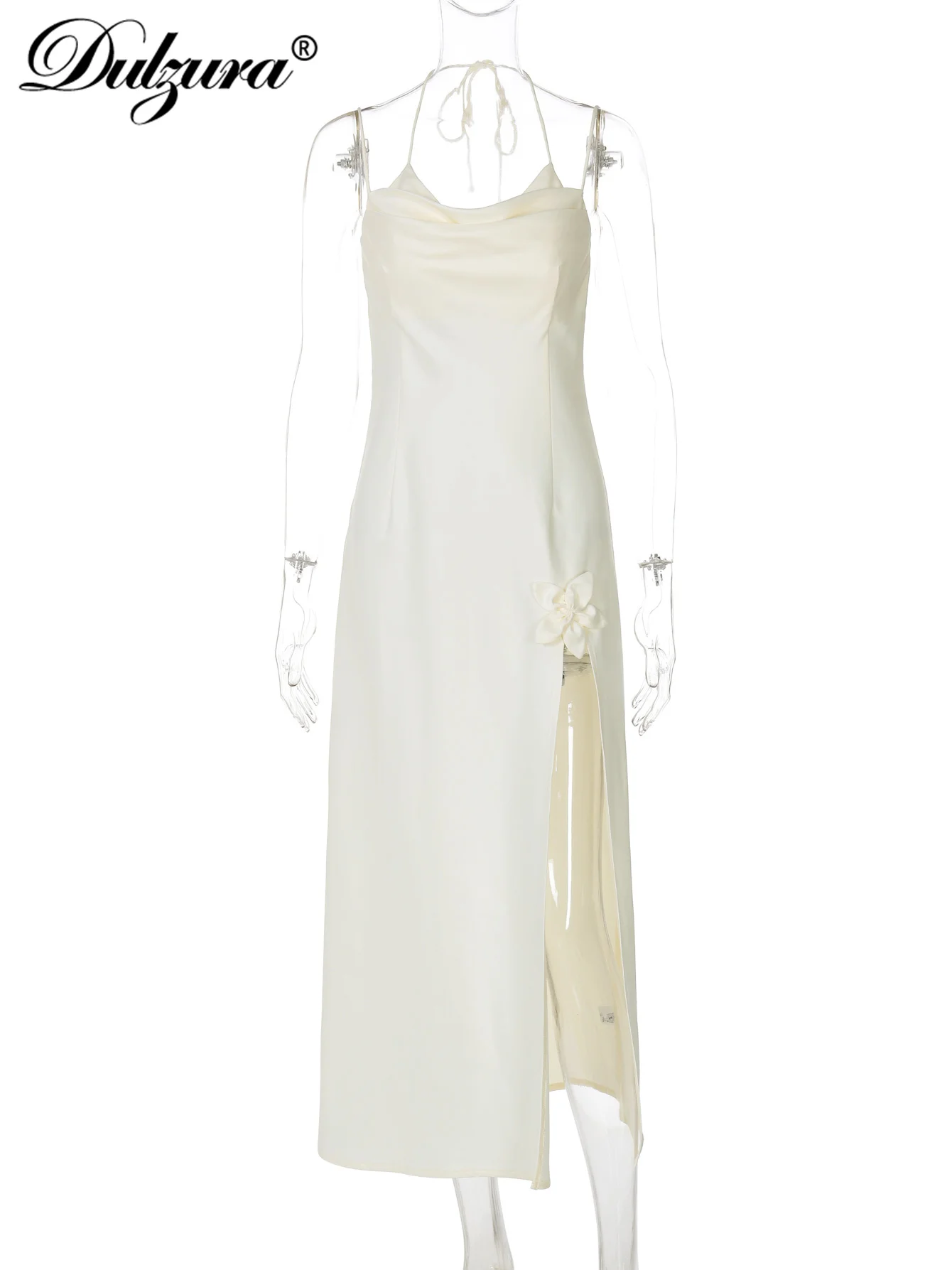 Dulzura Halter Sleeveless Backless Slim Fit Lace Up Zipper Side Slit Satin Long Dress Solid Sexy Elegant Dress Party Club Outfit