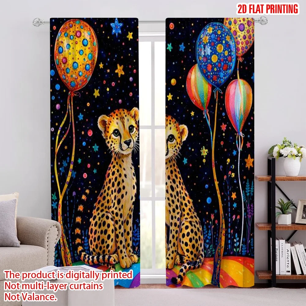 

2D плоская печать, 2 шт. штор с цветными изображениями гепардов и воздушных шаров, цифровая печать, полиэстер, для сезонных праздников и торжеств