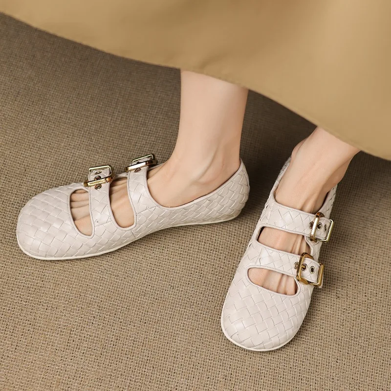 2025 new women's shoes woven cow belt buckle with round head, high height, low heel, flat bottom, shallow mouth large size shoes view 2