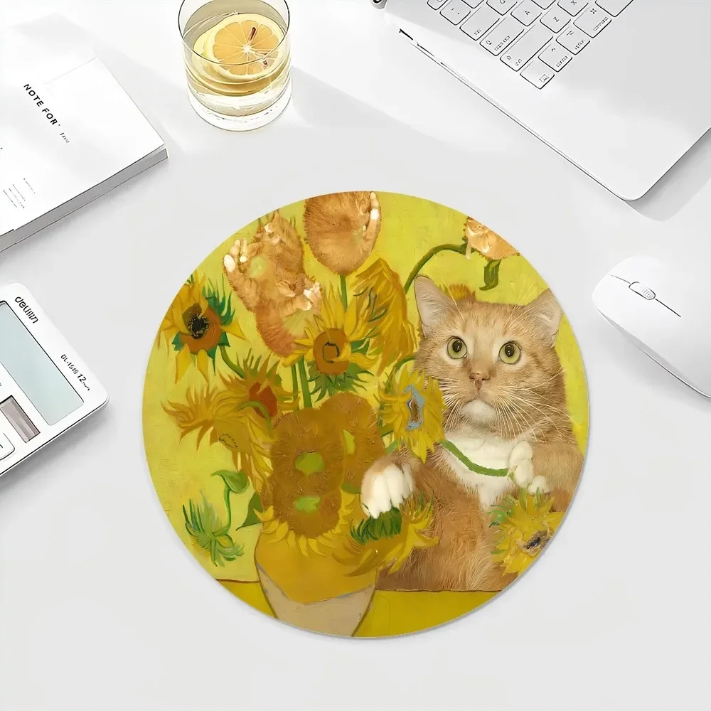 Claude Monet Van Gogh Funny Cat Art 22x22cm Round Kawaii Cartoon Anime Gaming Mouse Pad Keyboard Mouse Mats Deskpad Girls for PC