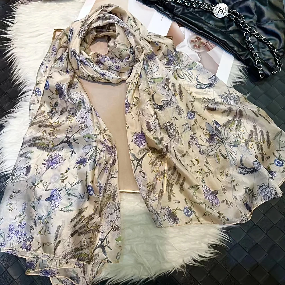 

BYSIFA|Fashion Beige Purple 100%Silk Scrarf Shawl Brand Female Fall Winter Floral Design Long Scarves Bufand Summer Beach Shawls