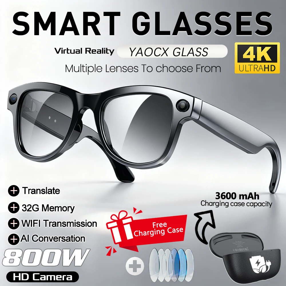 

2026 AI Smart Glasses Bluetooth Call WiFi Transfer 32GB 4K HD Video 800W Camera Voice Assistant Chat GPT 3600mAh Charging Case