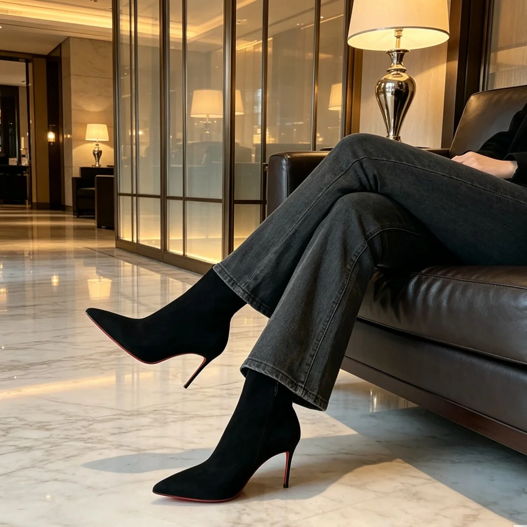 Nouvelles Bottes à Talons Aiguilles en Daim Nude pour Femme, Bout Pointu, Coupe Ajustée, Collection Automne-Hiver