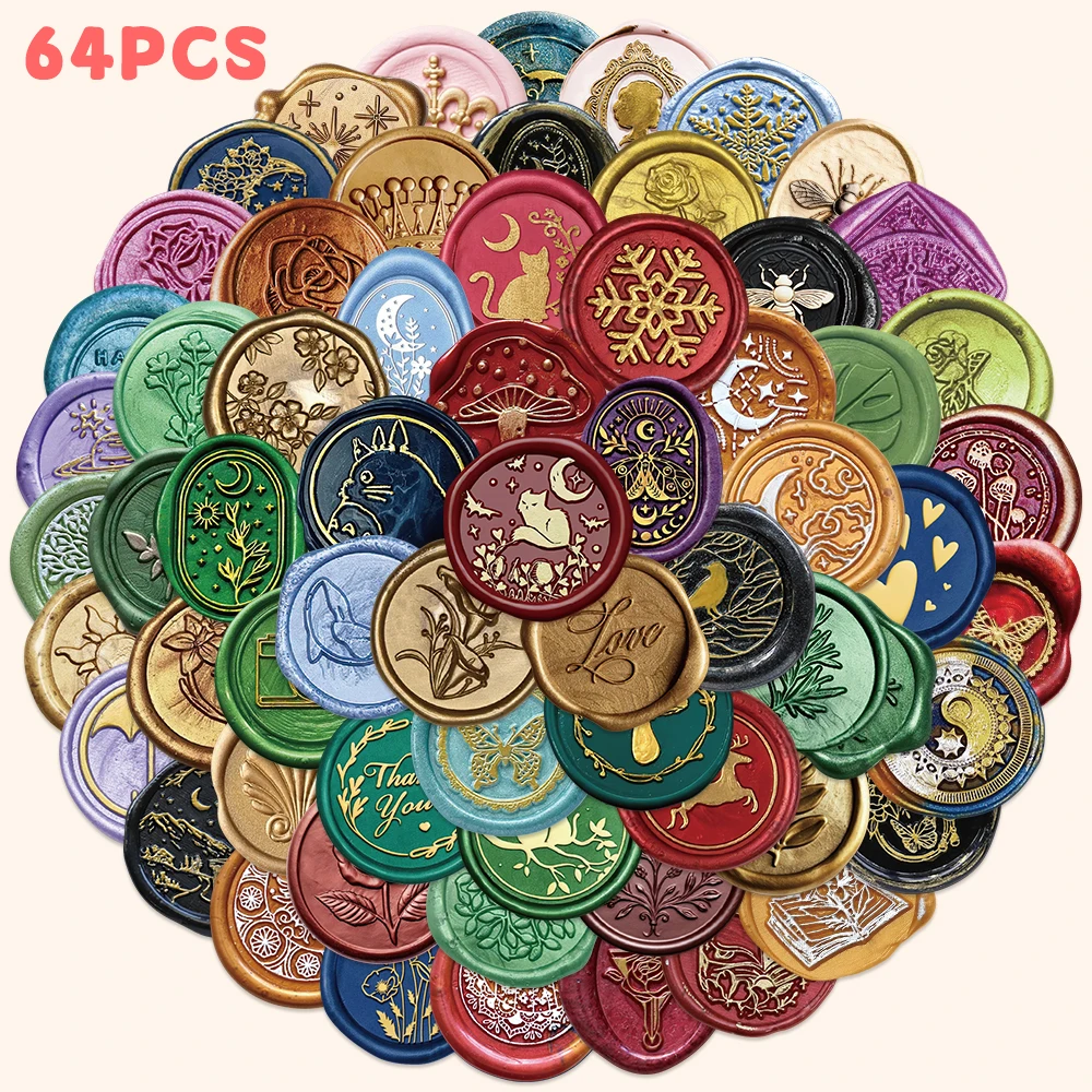 64pcs Retro Sealing Seal Sticker For Laptop Luggage Journaling Bicycle Helmet Envelope Label Decoration Sticker DIY Decal Gift