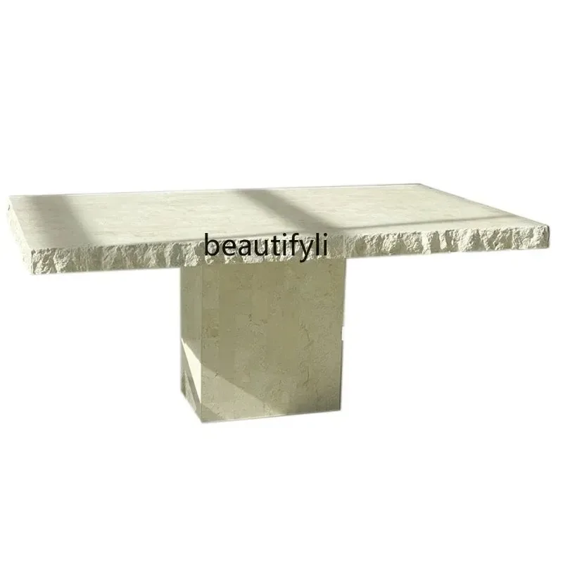 A80 QCave Stone Dining Table Quiet Style Natural Rough Surface High-End Design Table Broken Marble Stone Plate Dining Table