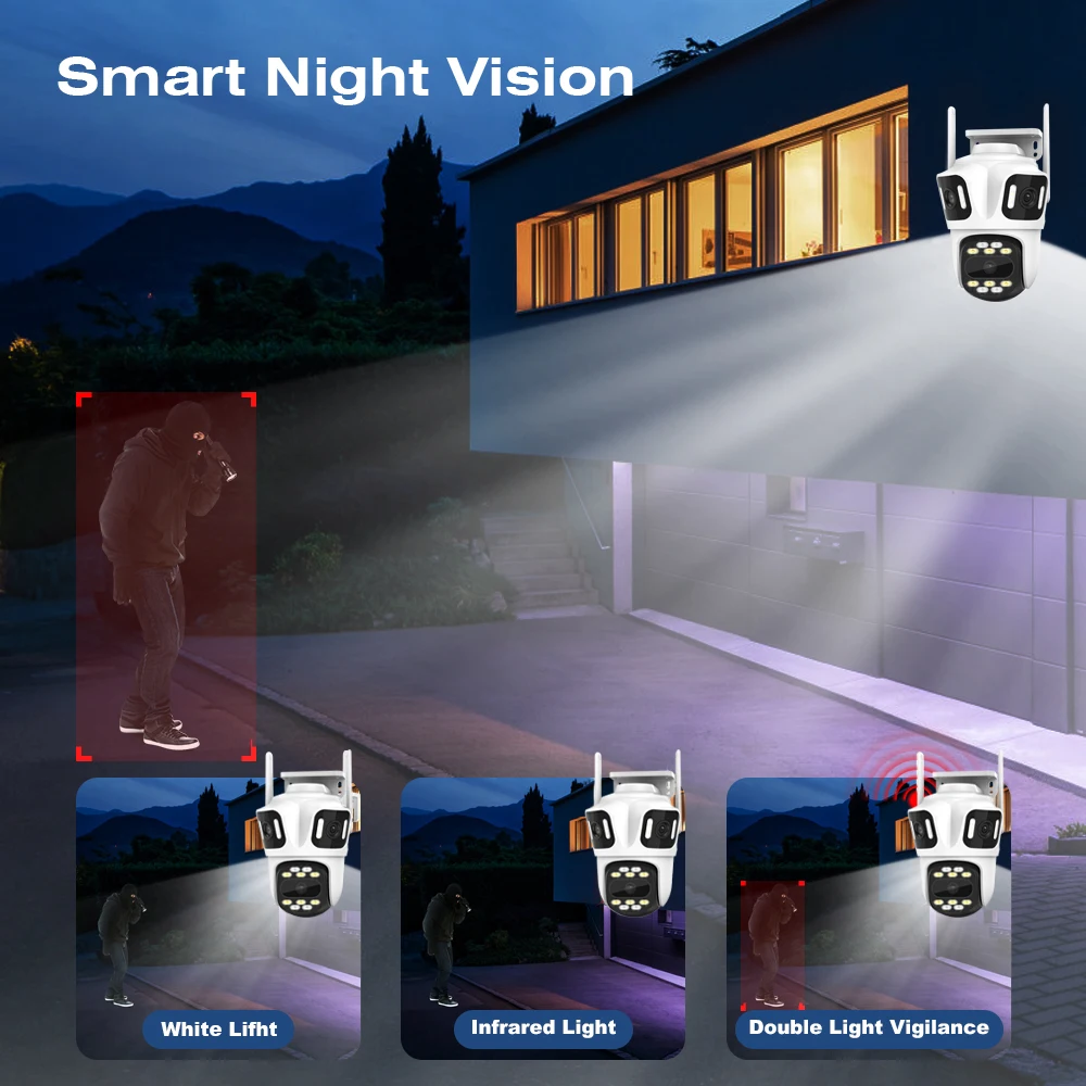 كاميرا PTZ IP بثلاثة عدسات خارجية 6K HD ثلاثة شاشات كاميرا أمان WiFi تتبع تلقائي 4K كاميرا CCTV لاسلكية مزدوجة لين iCsee