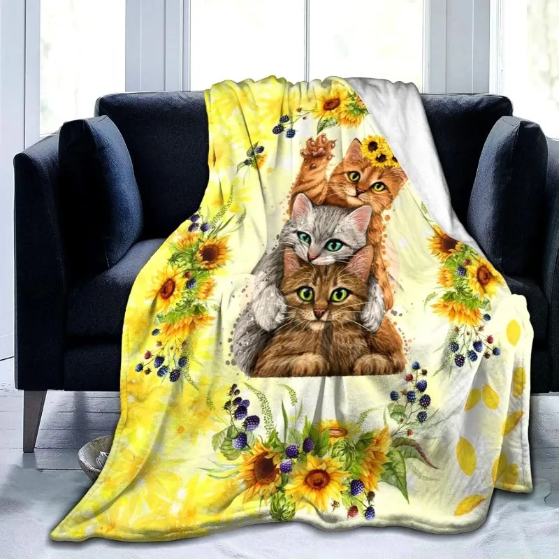 

Cat Sunflower digital-printed polyester Bedroom velvet flannel soft sofa cover blanket Fleece soft sofa cover blankets for beds