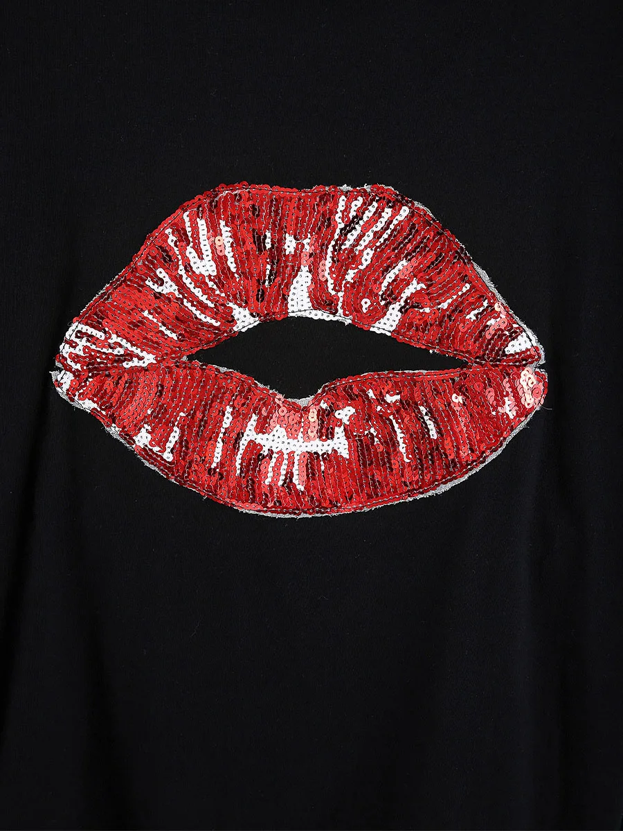 Plus Size T-shirt Sexy Lips 3D Pattern Printed Casual Fashion Long-sleeved Capless Round-neck Sweatshirt Women view 2