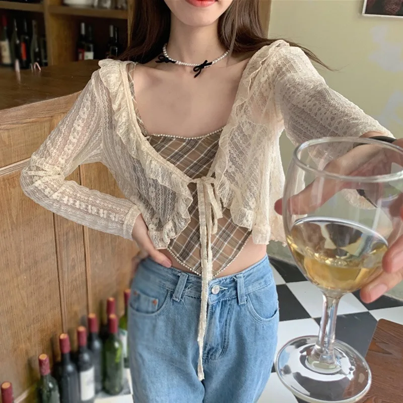 Ladies Thin Short Sun Protection Cardigan Summer Lace Soft Breathable Sweet Blouse Tops Gentle Cute All-match Basic Shawl