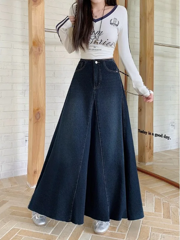 

Женская джинсовая юбка миди А-силуэта больших размеров с высокой талией и рваным краем, в американском ретро-стиле, осенняя новинка, свободный крой