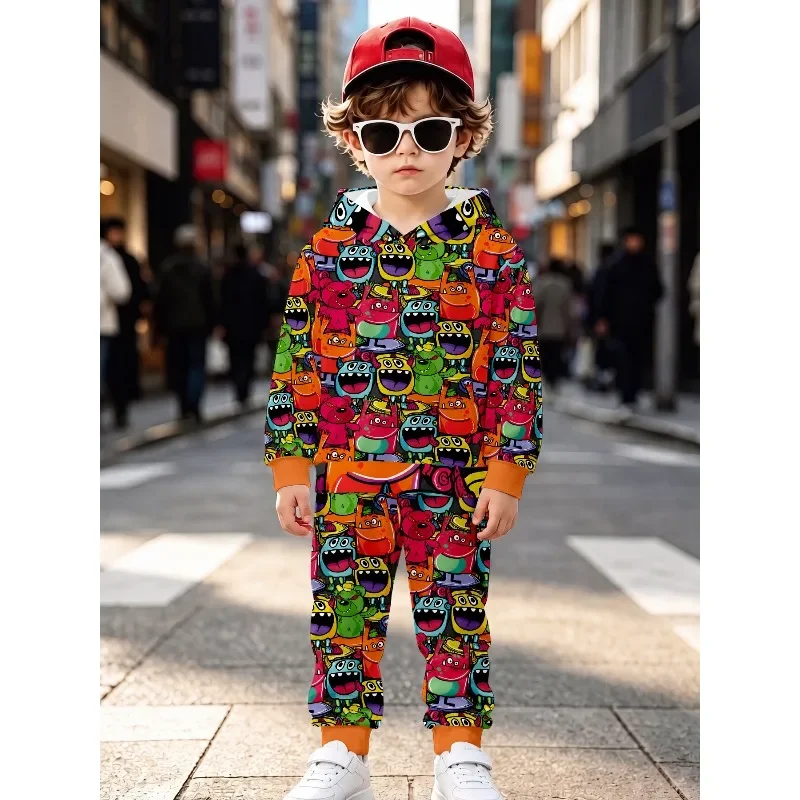 Boys Hooded Jogger Tracksuit, Vibrant Cartoon Graphic Print, Monster, Engineering Truck & Lightning Dinosaur Kids Casual Outfit