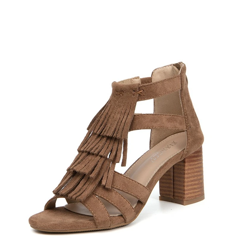 

New Roman Tassels Sandals for Women Summer 2026 Retro Classic Fringe Vintage High Heels Women's Basic Shoes