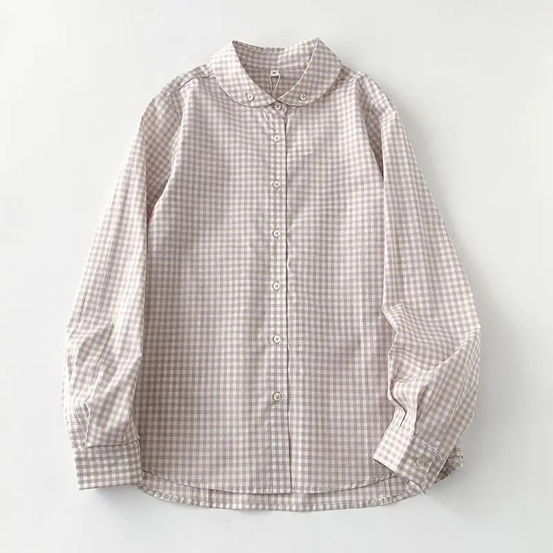 

Женская розовая льняная хлопковая рубашка в клетку с воротником Питер Пэн, с длинным рукавом, повседневная винтажная блузка