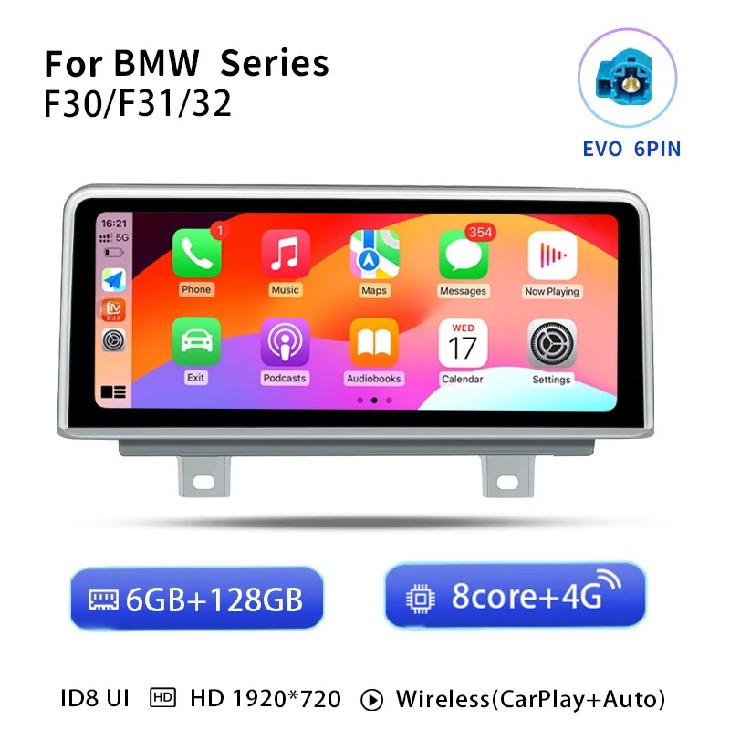 10,25" touchscreen, draadloze CarPlay, Android 14 autoradio voor BMW 1/2/3/4-serie F20/F21/F22/F30/F31/F33/F34/F36, NBT/EVO, stereo, multimediasysteem voor in de auto, scherm, GPS-navigatie.