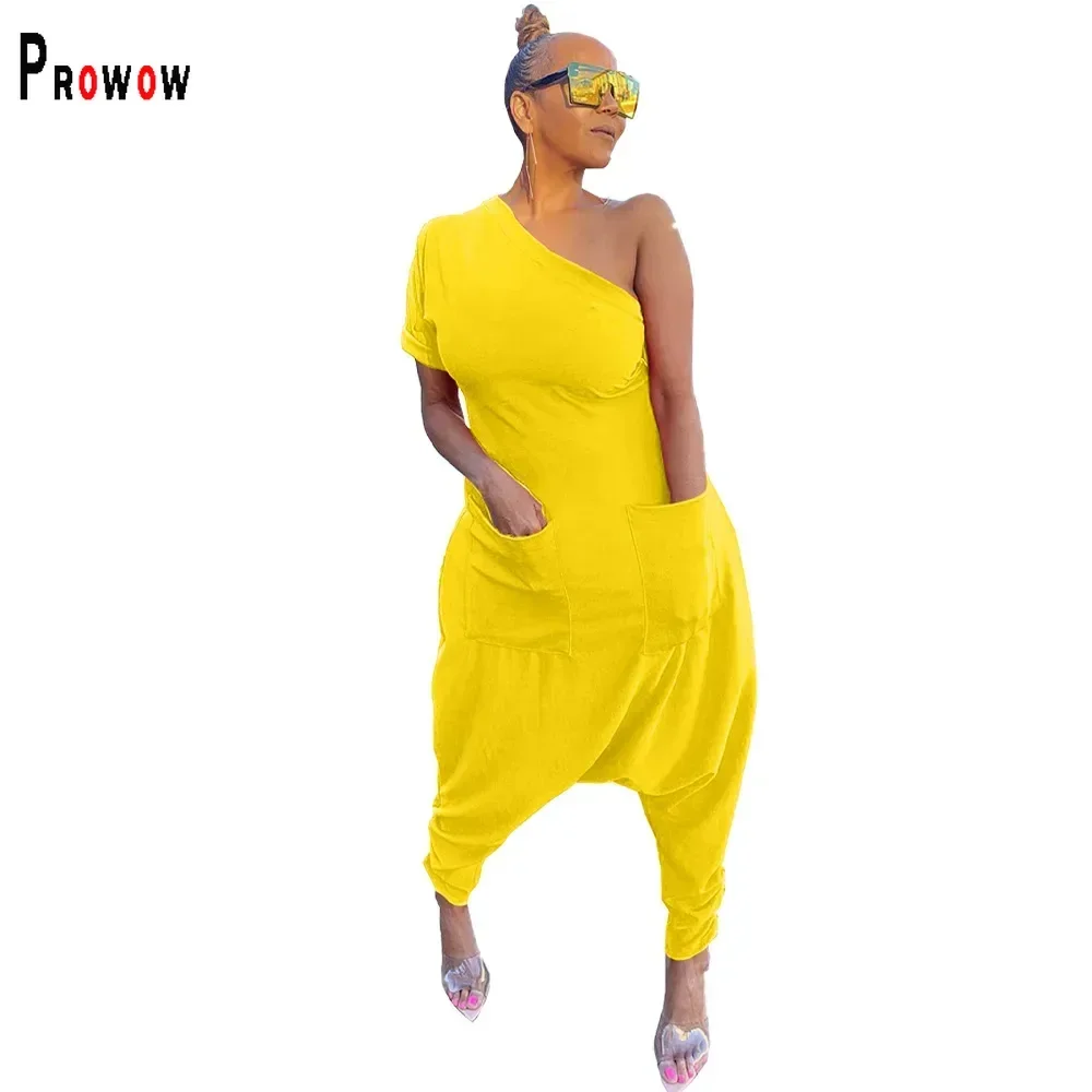 Prowow Casual Loose Style Women Jumpsuits One Shoulder Solid Color Female Romper Clothing 2024 New Design Outfits with Pockets