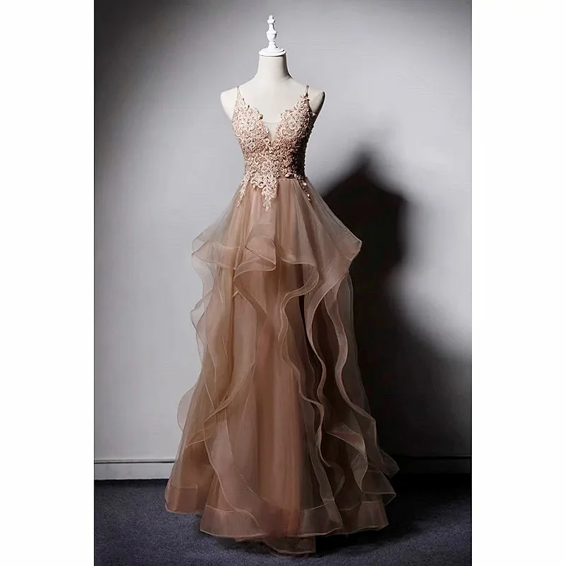 

khaki Luxury Evening Dress A-line Tulle Applique Spaghetti Strap Lace-up Prom Formal Occasions Party High-end Celebrity Gowns