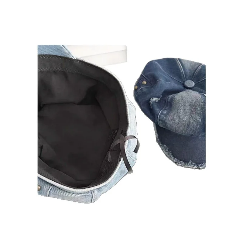 Japanische gewaschene Denim-Oktagon-Mützen, Herbstmode, Y2k-Stil, mit Löchern, Nieten, personalisierte Baskenmütze für Damen – Detail 6