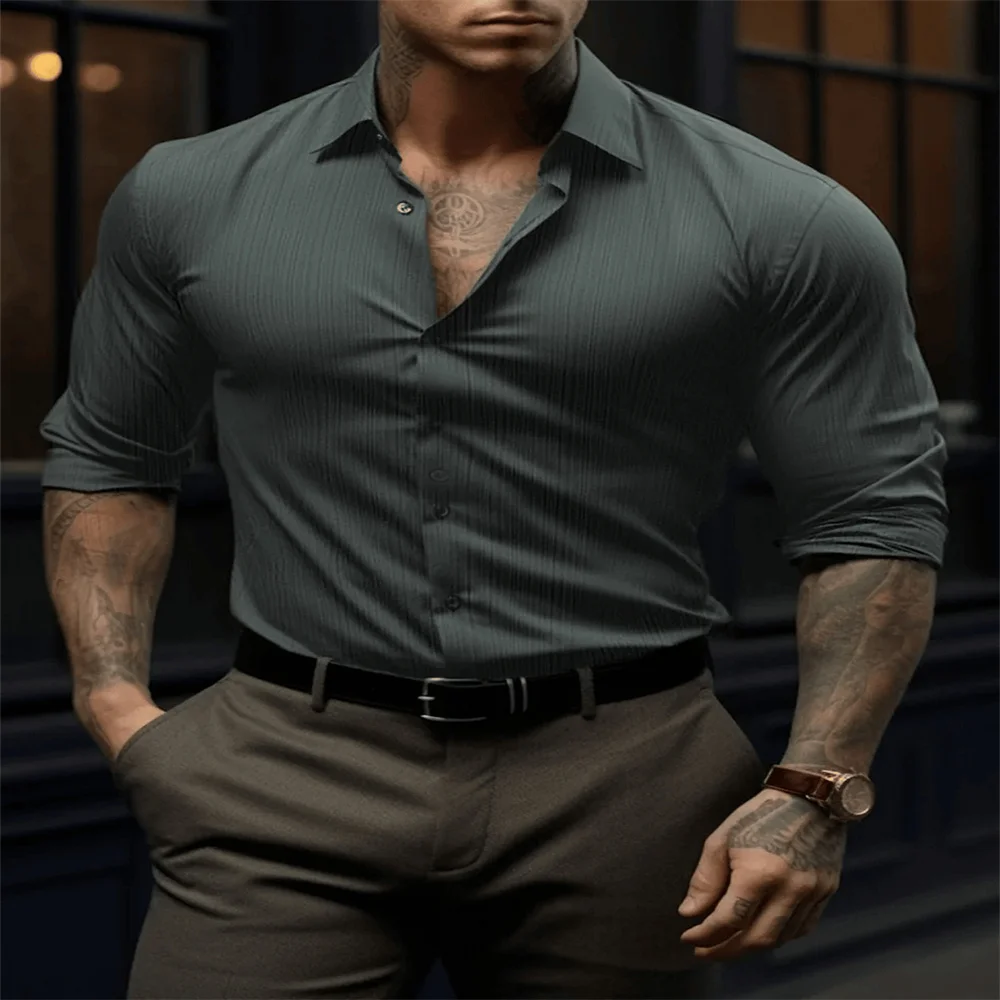 New Men Casual Shirt Brand Fashion Solid Color Long Sleeve Elastic Fabric Male Business Dress Shirt