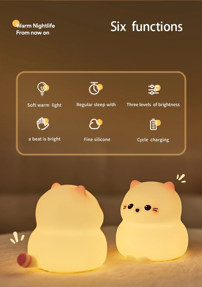 Guardian Kitty Silicone LED Night Lights USB Rechargeable Sleep Night Lamp Timing Bedside Room Decor Kids Baby Nightlight Gift