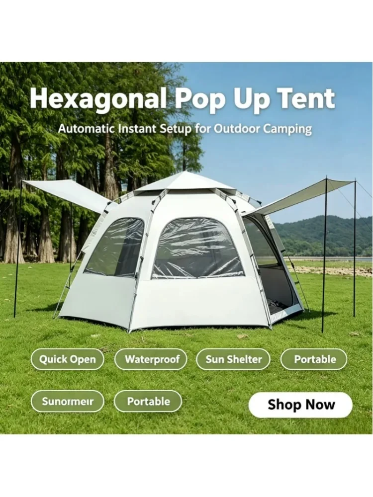 Sechseckiges Pop-Up-Zelt, automatischer Sofortaufbau, tragbares, faltbares Outdoor-Campingzelt, wasserdichter Sonnenschutz für Picknick, Strand und Reisen