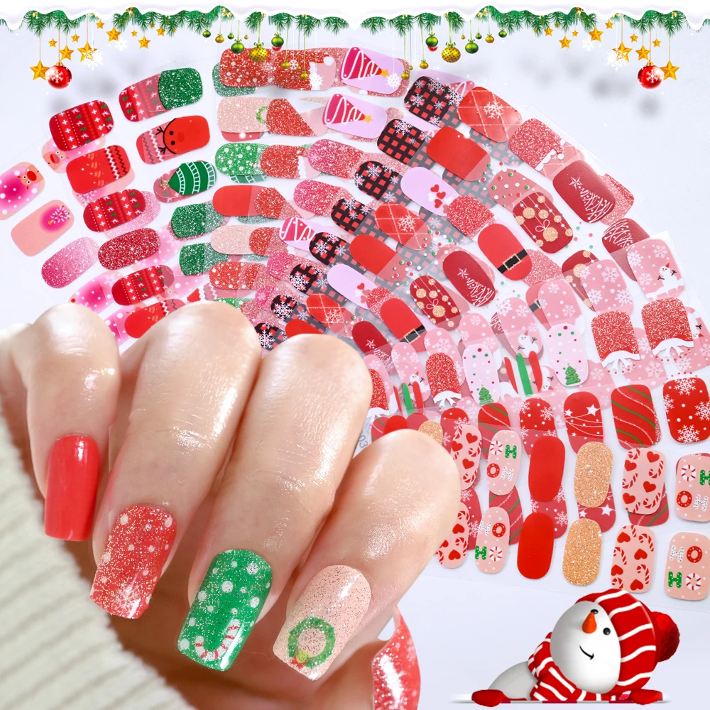 16 puntas autoadhesivas con purpurina navideña, pegatina para esmalte de uñas con copos de nieve, pegatinas de envoltura completa para árbol de Navidad, deslizador de manicura de Año Nuevo