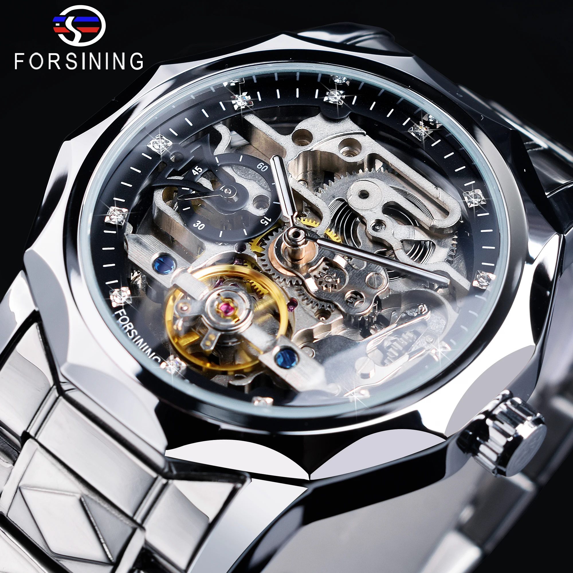 Forsining Original Design Men's Skeleton Mechanical Watch Stainless Steel Automatic Tourbillion Wristwatch Relogio Masculino