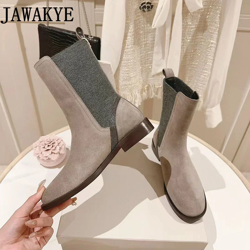 Popularne buty zimowe marki damskie zamszowe płaski obcas Chelsea boots casualowe damskie elastyczne botki krótka skórzana botki