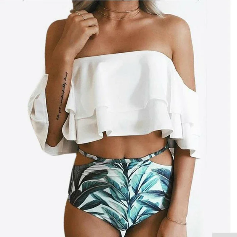 Fashion women swimsuit Leaf print bikini Ruffle edge bra swimwear push up bathing suits female beachwear high waist bikini sets