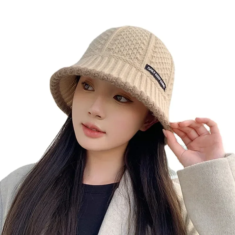 Women\'s Hat Winter Warm Knit Bucket Hat Warm Fisherman Hats Female Fashion Korean Beanie Lady Retro Black Panama Cap For Women