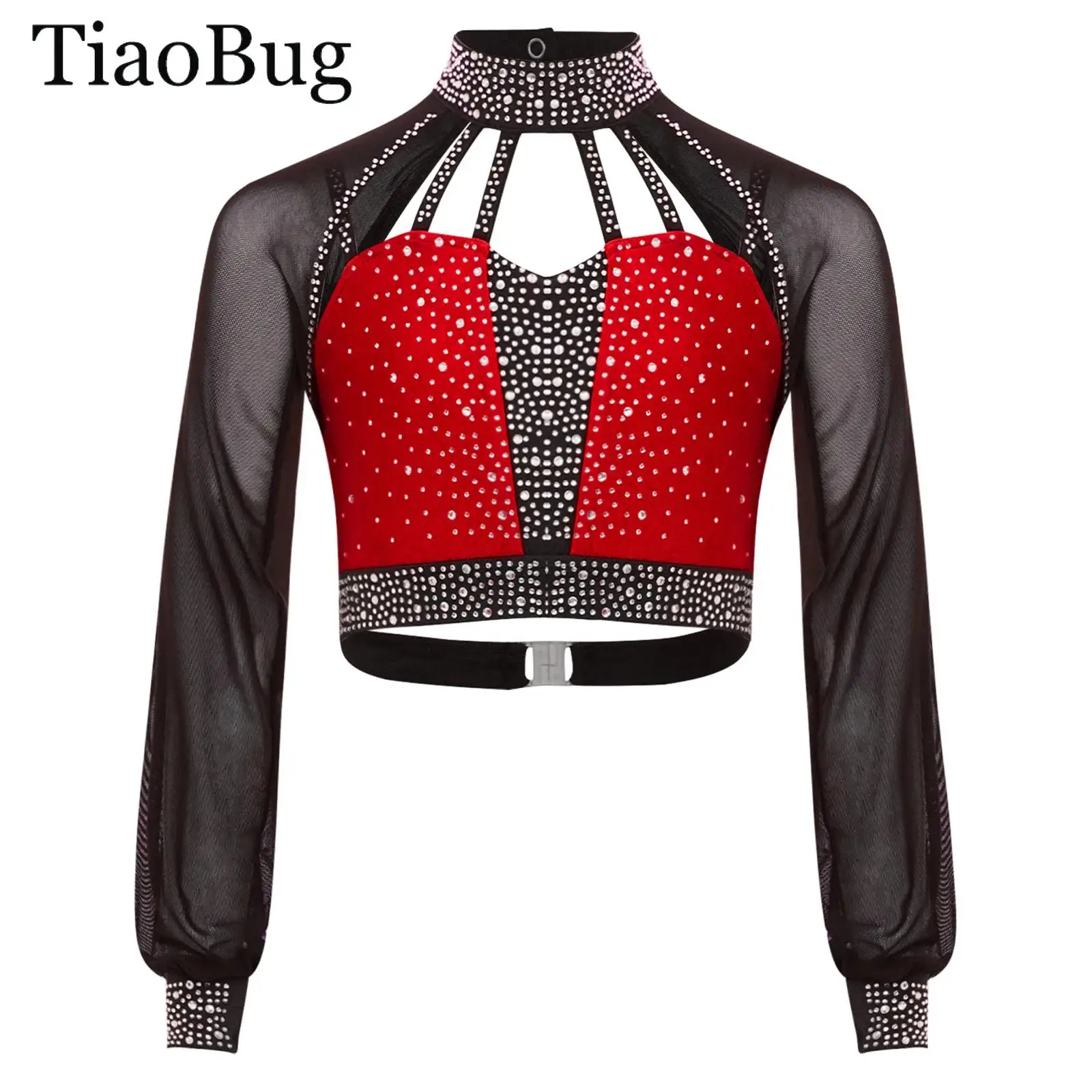 

Kid Girls Long Sleeves Rhinestones Dance Crop Top Sheer Mesh Cutout Back Shirt Top Latin Jazz Dance Figure Skating Dance Costume