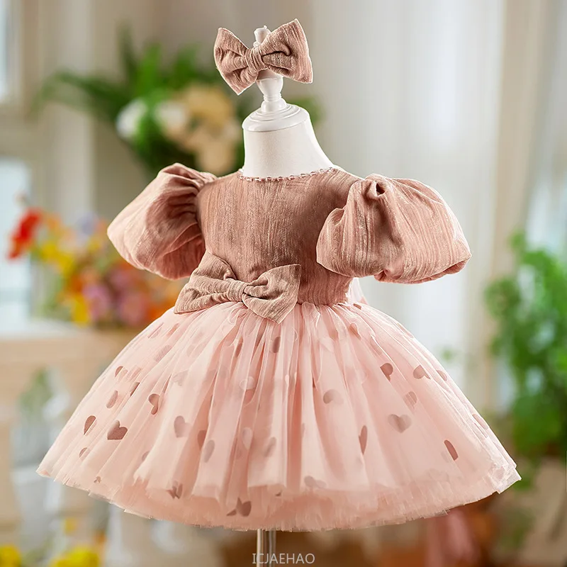 

Party Dress Girls Birthday Bow Bubble Sleeve Tulle Princess Cute Outfit Vestido Teen Girl Clothes Gown Kids Formal Tutu Skirt