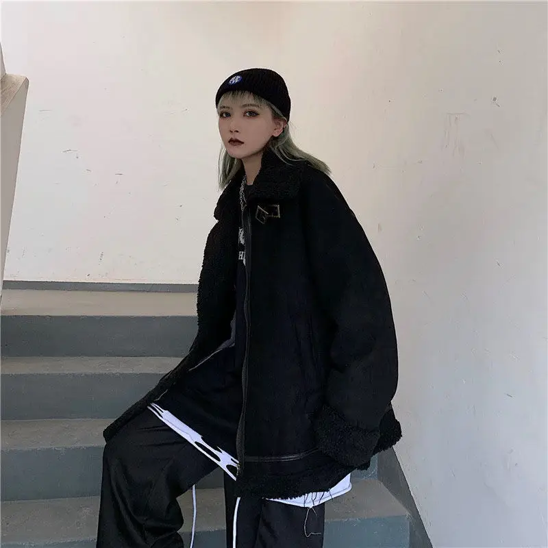 Winter Parkas Women Gothic Punk Warm BF Style Pockets Female Retro Streetwear Harajuku Chic Student Cargo Clothes Fashion Black