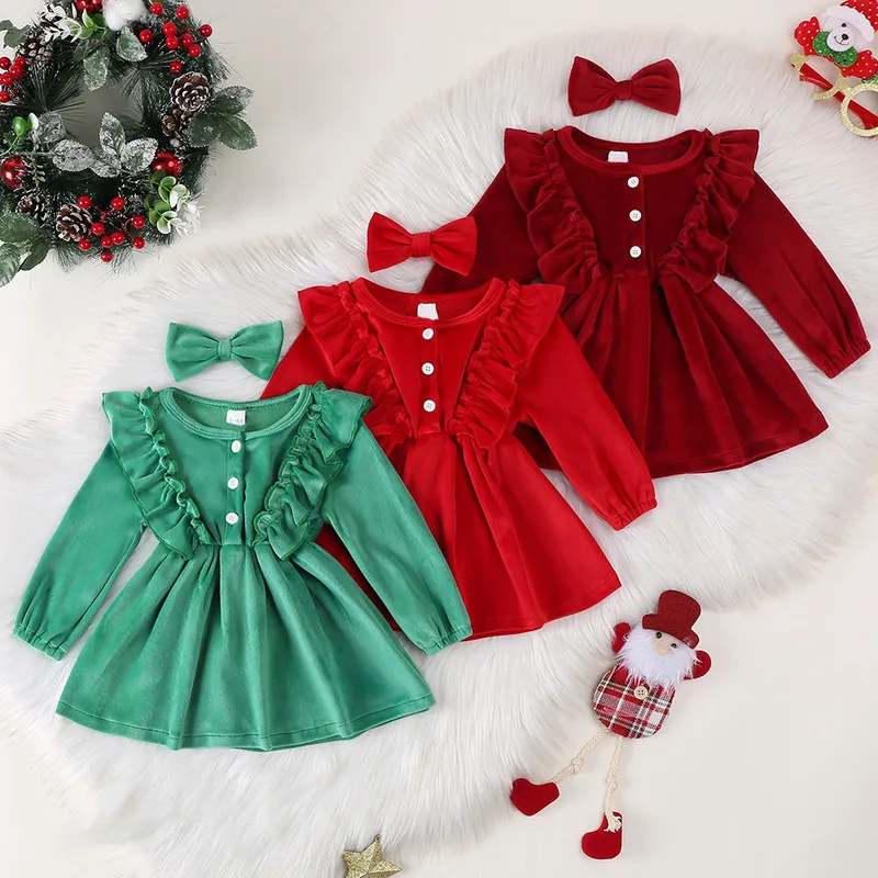 3 Months to 4 Years Baby Girls Velvet Dress Ruffled Trim Long Sleeve Button-up Dresses Bow Headband Adorable Outfits