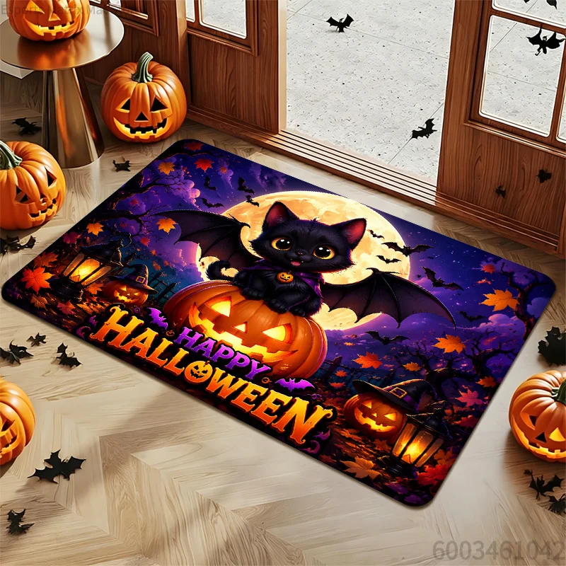 Happy Halloween Black Winged Cat Pumpkin Doormat, Non‑Slip Spooky Moon Bat Floor Mat Front Door Holiday Decor Rug