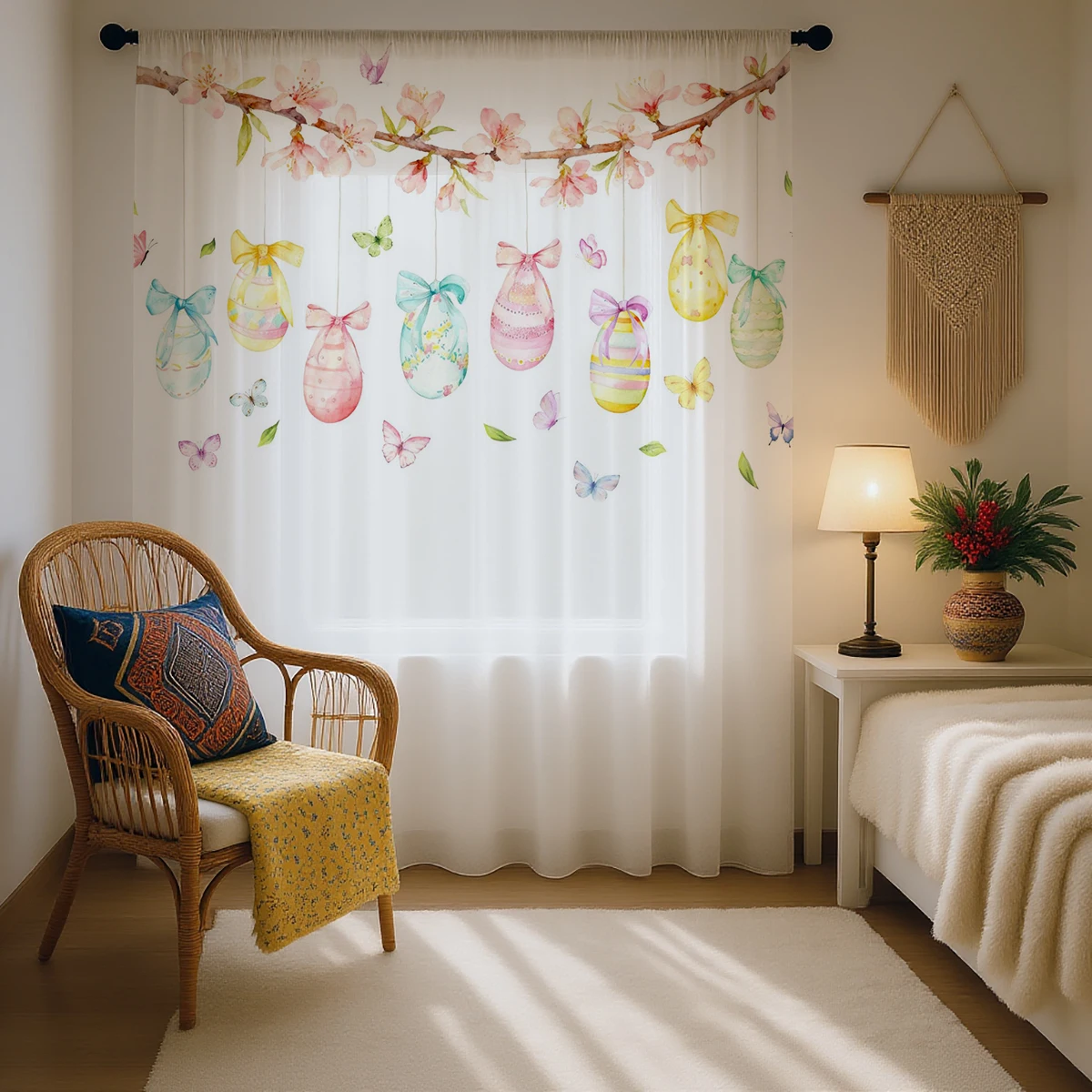 1PC Easter Egg Sheer Curtain - Hanging Egg & Cherry Blossom Pattern Pole Window Curtain for Spring Decor