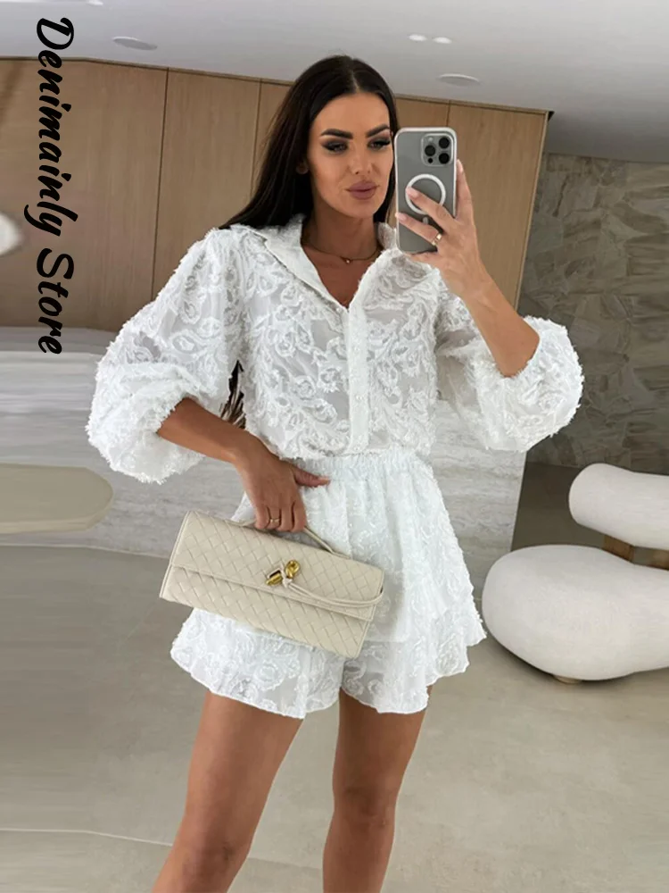 

Sexy Jacquard Shirt Skirt Set Women Lapel Lantern Sleeve Single Breasted Cascading Ruffle Solid Skirts 2025 Summer Lady Suit