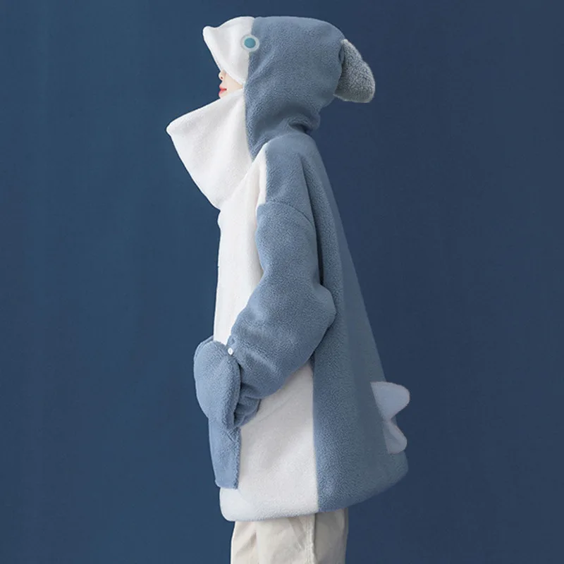 양스울 지퍼 후드 스웻셔츠, 큰 포켓 풀오버, 귀여운 상어 모양 후드, 커플 매칭, 카와이 루즈 탑