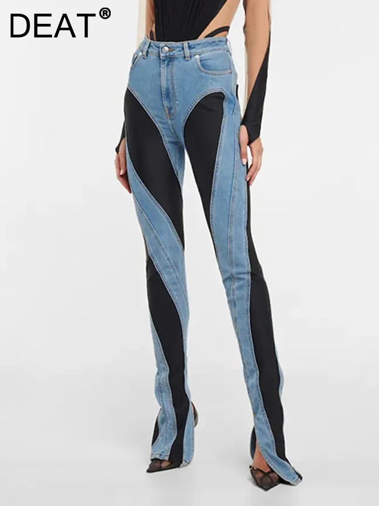DEAT moda mujer Jeans Slim desconstruir paneles Patchwork cintura alta Split azul pantalones vaqueros largos primavera 2025 nuevo 1DF2575