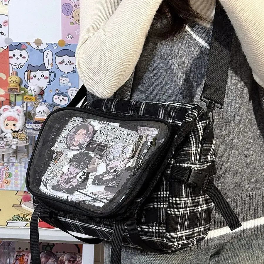 

Японская большая вместительная сумка Y2K в клетку для девочек, крутая сумка Ita для комиксов, выставочная модная повседневная сумка через плечо на одно плечо