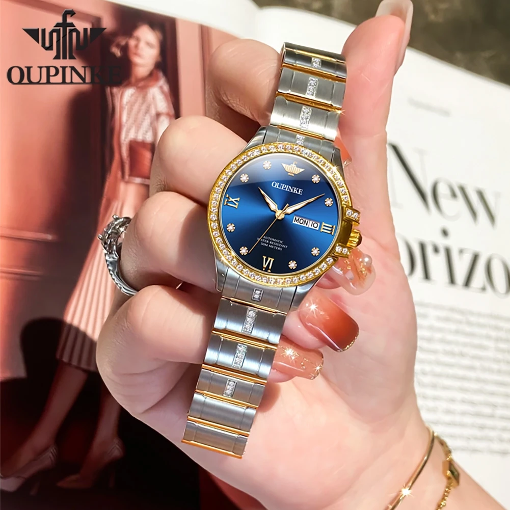 OUPINKE Fashion Elegant Women Watches movimento importato orologio meccanico automatico Dual Calendar Diamond Dial bracciale Gift Box