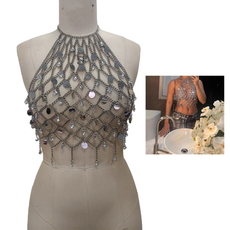 

H7EB Shimmering Metal Chain Sequined Body Jewelry Top Handmade Alloy For Event Parties