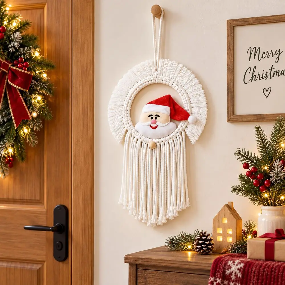 20x30cm Santa Claus Wall Hanging Round Shape Tassel Fringe Christmas Wall Tapestry Handmade Woven Hanging Loop