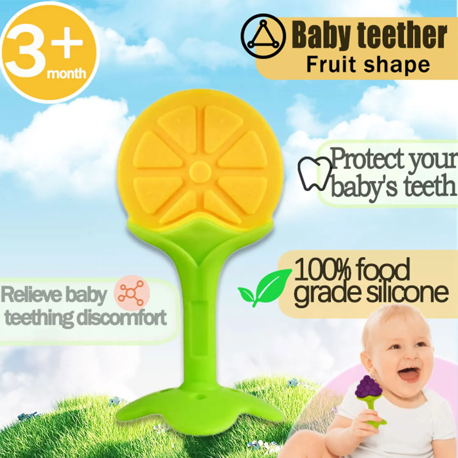 Bastoncini molari per bambini, silicone alimentare, massaggiagengive a forma di frutta per bambini, giocattoli di sicurezza, 0-36 mesi, apprendimento precoce e regali di compleanno