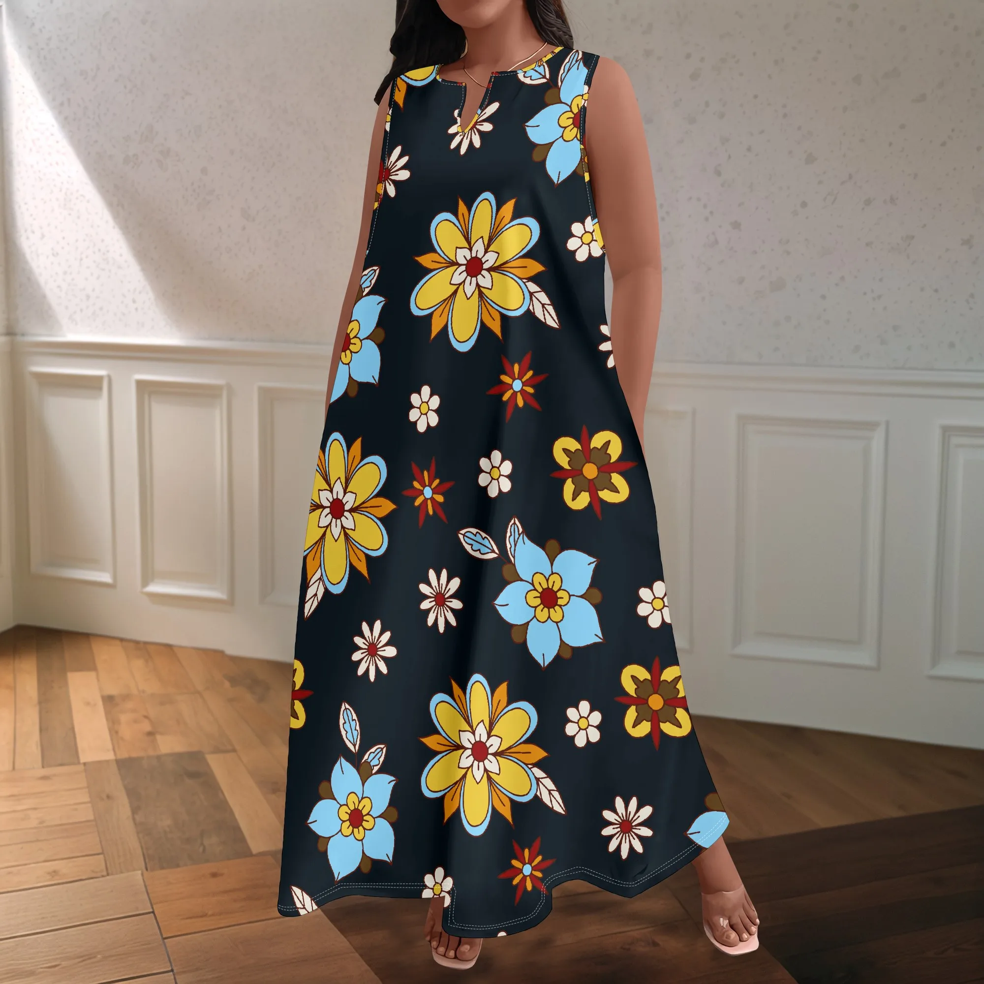 プラスサイズの女性の夏のファッションプリントアフリカスタイルノースリーブラウンド V ネックドレスルーズでカジュアルなドレス