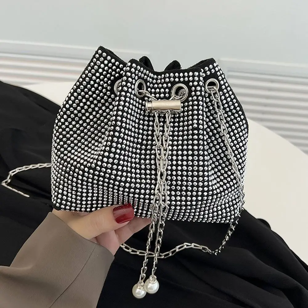 Ladies Rhinestone Bucket Shape Crossbody Bags Evening Party Clutches Storage Totes Shining Shoulder Bags Chain Handbags