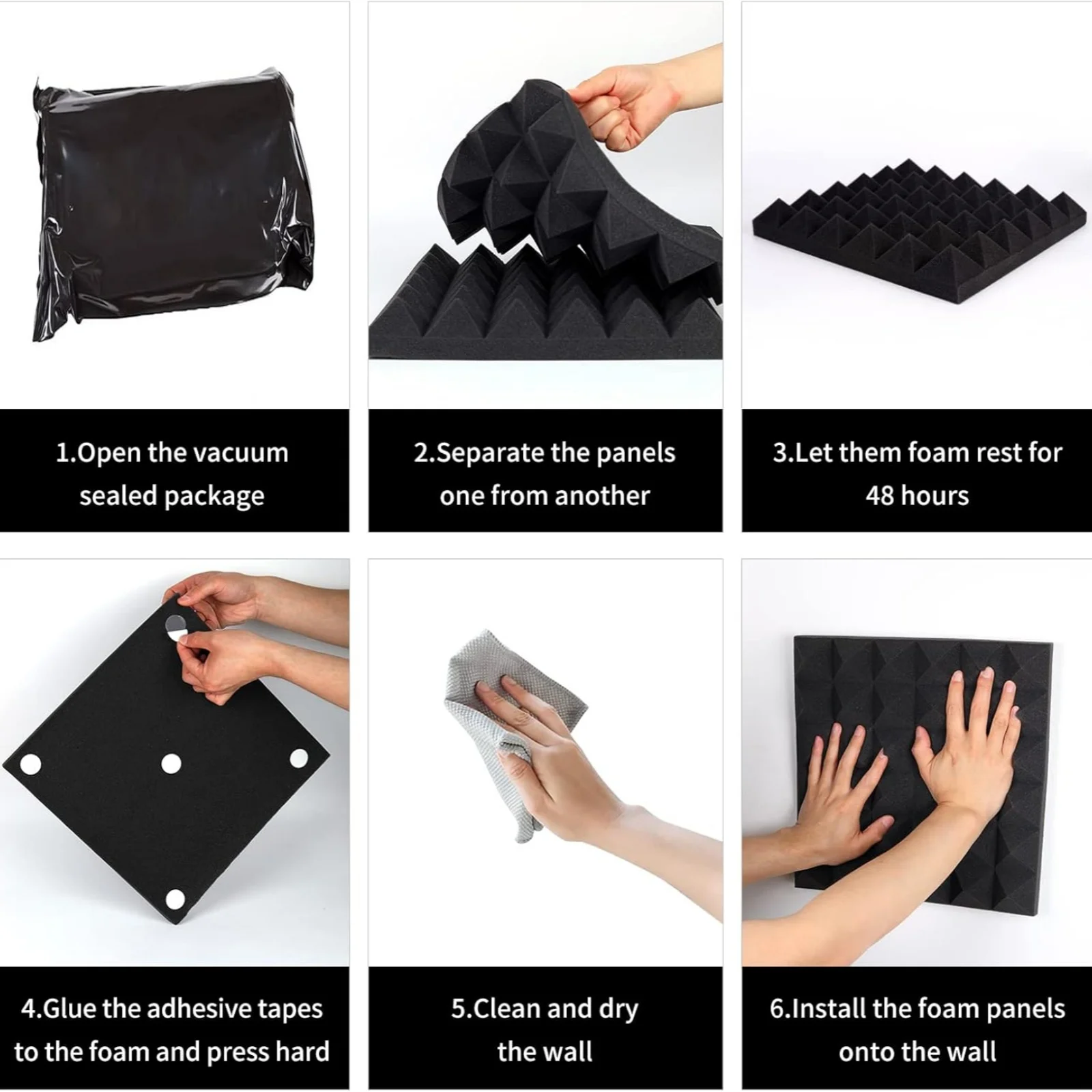 HERTBER - 12 Paneles Acústicos de Espuma en Forma de Pirámide Negra de 12x12x2 Pulgadas con Cintas Adhesivas de Doble Cara, Paneles Absorbentes de Sonido para Pared