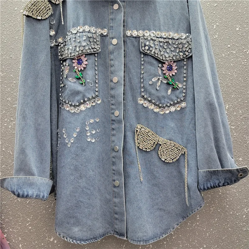 Dames Lente Herfst Nieuwe Kralen Met Diamanten Ingelegde Mode Losse Top High Street Temperament Shirt Vrouwelijke Veelzijdige Denim Shirts
